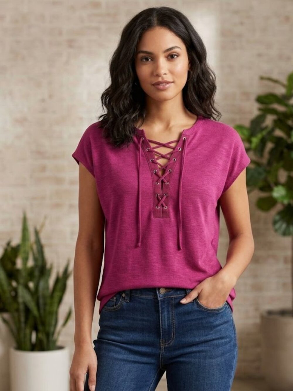 White House Black Market‎ Lace-Up Magenta Top Large